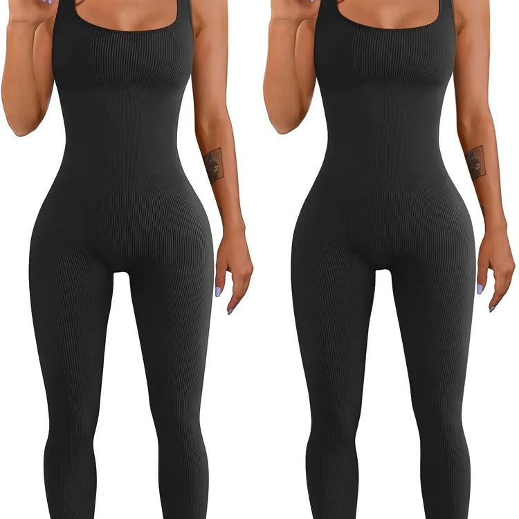 Black ribbed sleeveless jumpsuit with scoop neck, fitted stretch fabric, full-length legs
