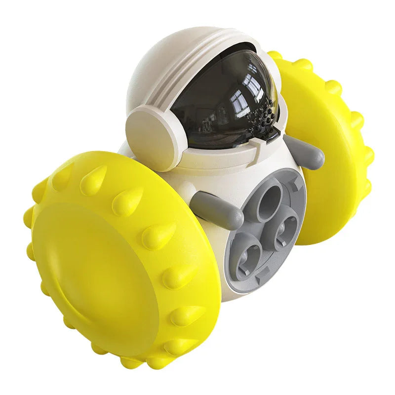 Futuristic astronaut-themed toy with spiked yellow wheels and a glossy black helmet