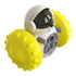 Futuristic astronaut-themed toy with spiked yellow wheels and a glossy black helmet