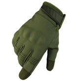 Olive green fitted tactical glove with reinforced knuckles and adjustable strap
