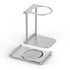 Foldable silver metal stand with circular holder, minimalist modern design on white background