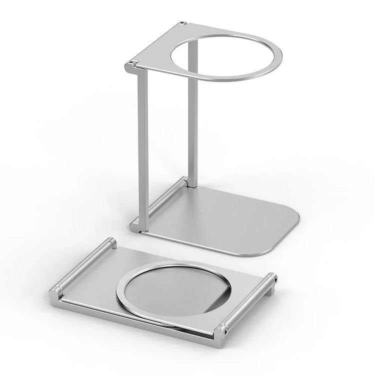 Foldable silver metal stand with circular holder, minimalist modern design on white background