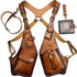 Vintage brown leather shoulder holster harness set with matching wallet and keychain, adjustable fit