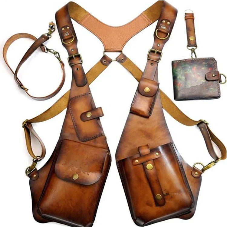 Vintage brown leather shoulder holster harness set with matching wallet and keychain, adjustable fit