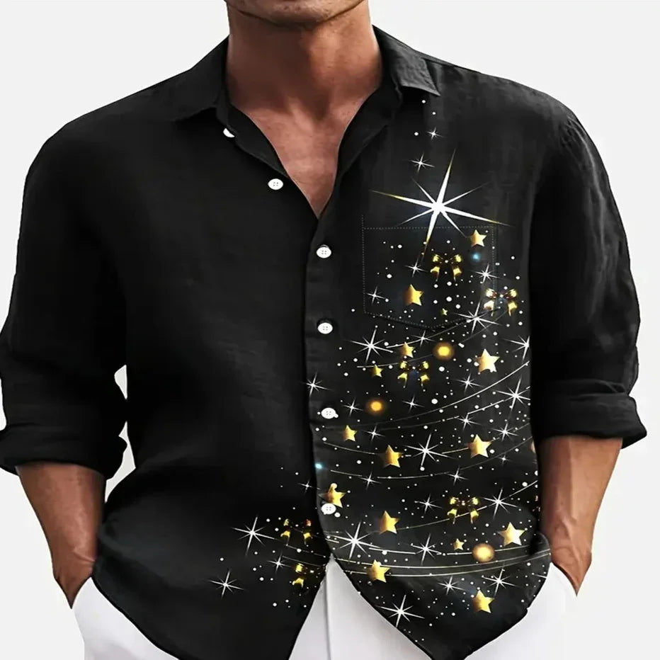 Black button-up shirt with gold star print, relaxed fit, lightweight fabric.