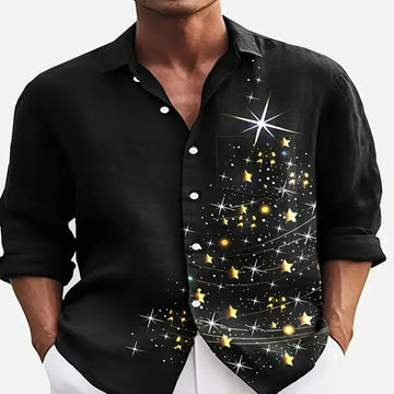 Black button-up shirt with gold star print, relaxed fit, lightweight fabric.
