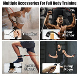 Men and women wearing athletic clothing using resistance bands, handles, ankle straps, and jump rope for full body workout.