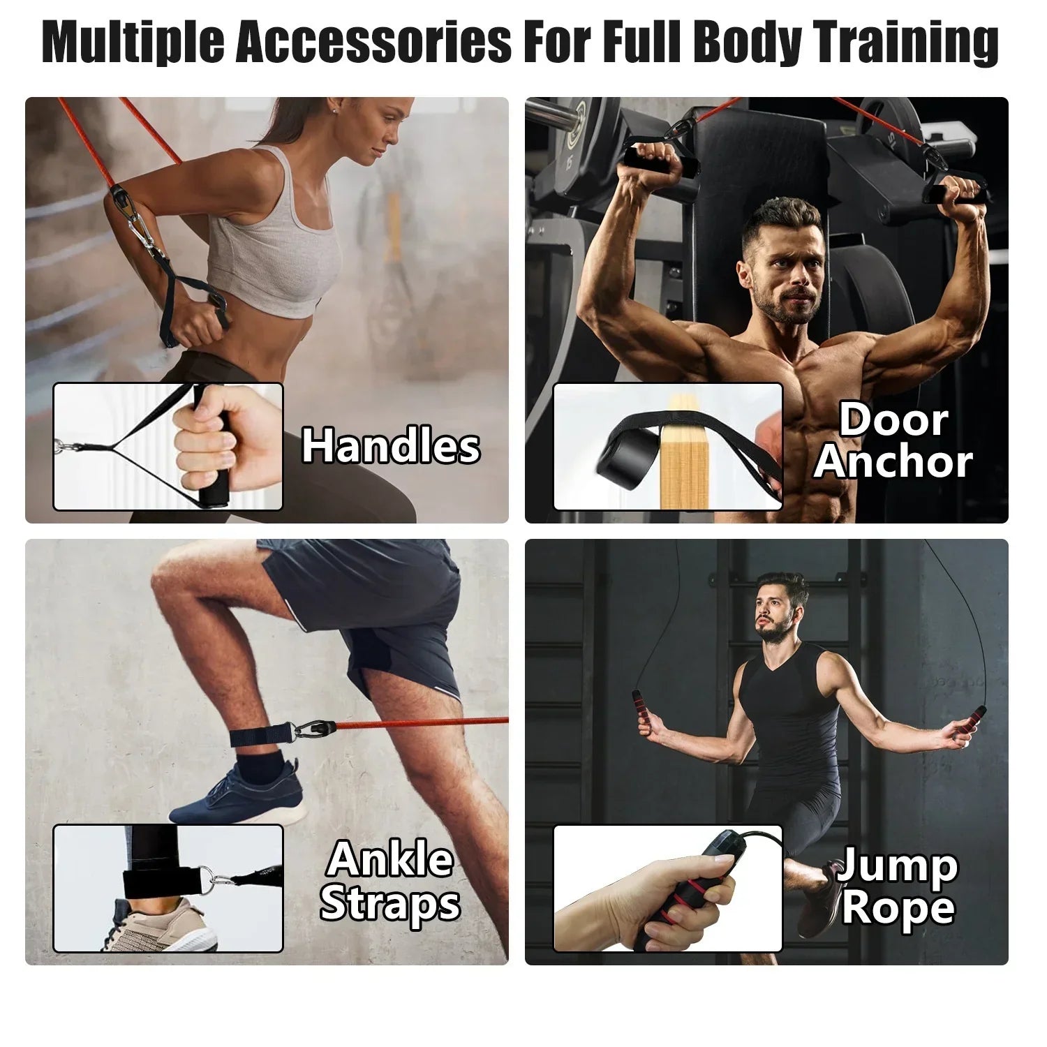 Men and women wearing athletic clothing using resistance bands, handles, ankle straps, and jump rope for full body workout.