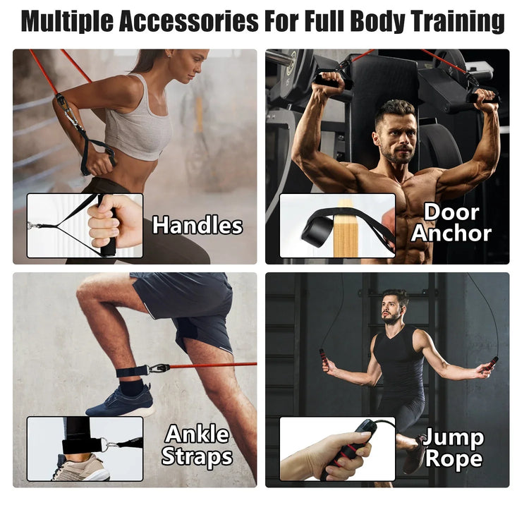 Men and women wearing athletic clothing using resistance bands, handles, ankle straps, and jump rope for full body workout.