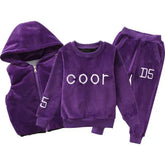 Purple velvet kids tracksuit set with hooded vest, long sleeve sweatshirt, and jogger pants