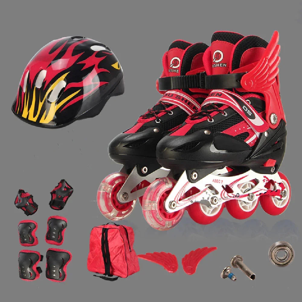 Red and black inline roller skates set with helmet, protective gear, and accessories.