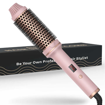 Pink ceramic heated round hair styling brush with bristles, digital display, and black gift box