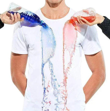 White short sleeve water-resistant t-shirt repelling blue and red liquids, slim fit.