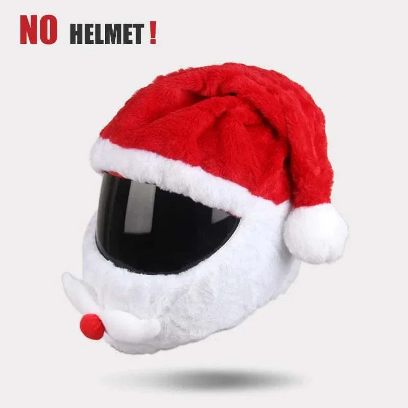 Plush Santa Claus hat and beard helmet cover in red and white with black visor