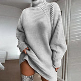 Oversized gray ribbed knit sweater dress with turtleneck and long sleeves, relaxed fit