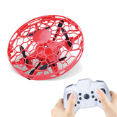 Red round mini drone with protective mesh shell and remote control, plastic material