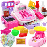 Colorful toy cash register set with play money, plastic foods, and grocery accessories