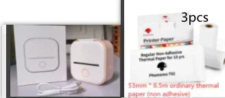 Compact white portable thermal printer with USB cable and three rolls of thermal paper
