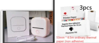 Compact white portable thermal printer with USB cable and three rolls of thermal paper