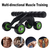 Black and green multi-directional ab roller with foam handles for core and muscle training
