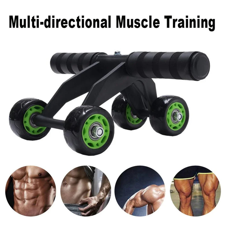 Black and green multi-directional ab roller with foam handles for core and muscle training