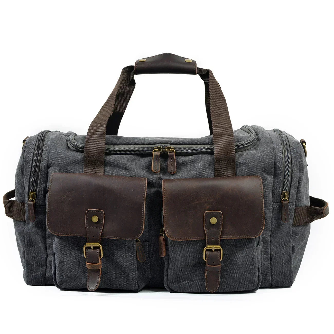 Gray canvas duffel bag with brown leather pockets, durable handles, and zippered compartments