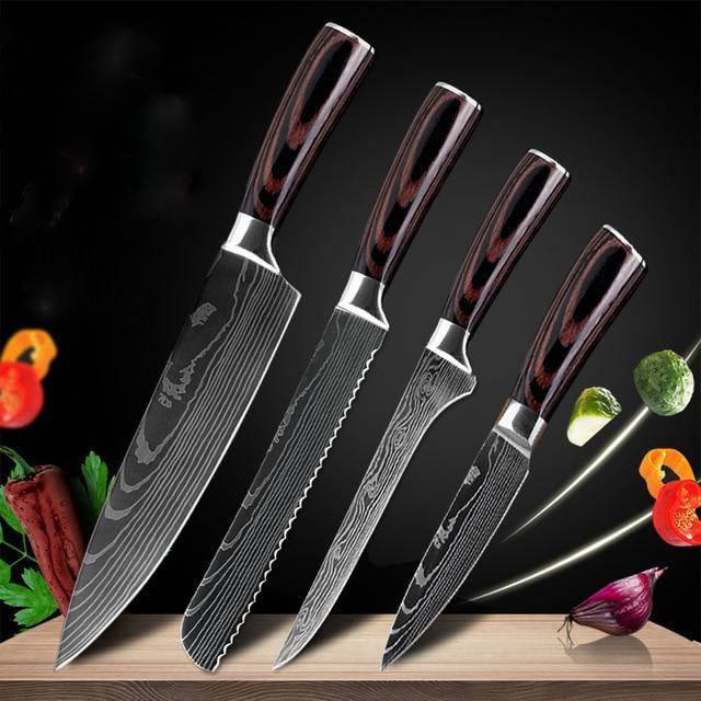 Set of four chef knives with dark wood handles, Damascus-style stainless steel blades, displayed on a wooden surface with vegetables.