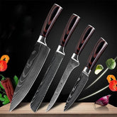 Set of four chef knives with dark wood handles, Damascus-style stainless steel blades, displayed on a wooden surface with vegetables.