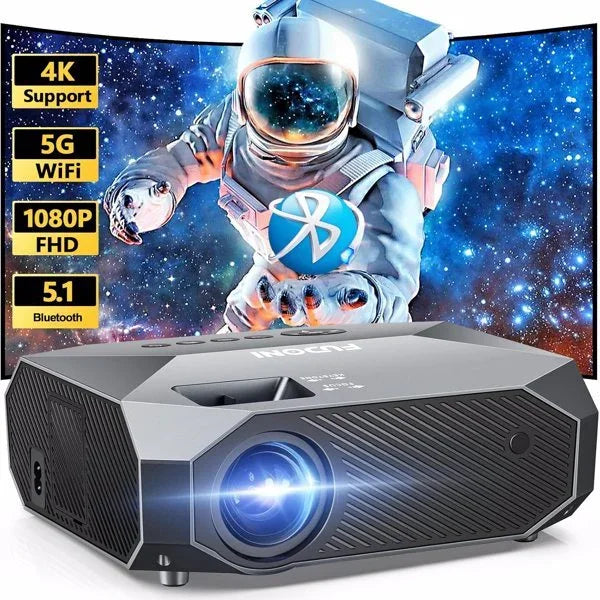 Black 4K WiFi projector displaying a colorful astronaut in space on a curved screen.