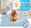 Golden retriever on light blue cooling pet mat with quilted texture, designed for comfort and easy cleaning.