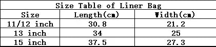 Size chart for liner bag with measurements for 11/12, 13, and 15 inch options