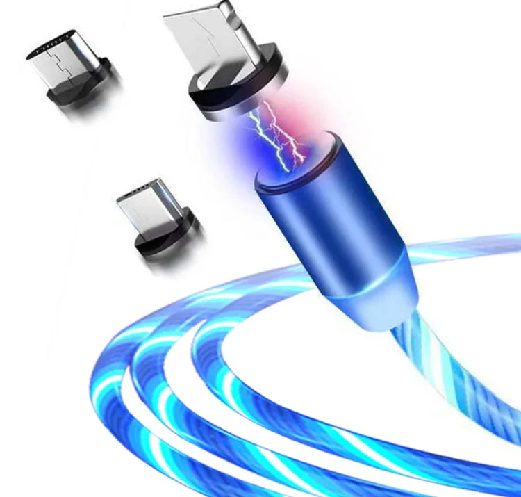 Blue magnetic LED charging cable with three interchangeable connectors, glowing light effect