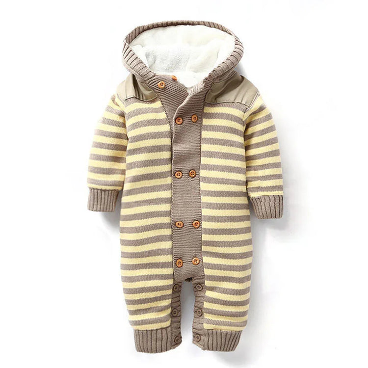 Striped beige and yellow knit baby jumpsuit with hood, button front, and cozy fit