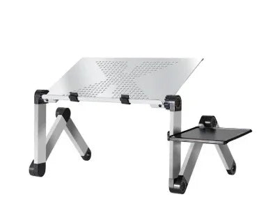 Adjustable silver metal laptop stand with side mouse tray and ventilated surface