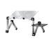 Adjustable silver metal laptop stand with side mouse tray and ventilated surface