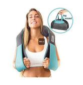 Woman wearing teal and gray padded neck and shoulder massager with carry bag shown.