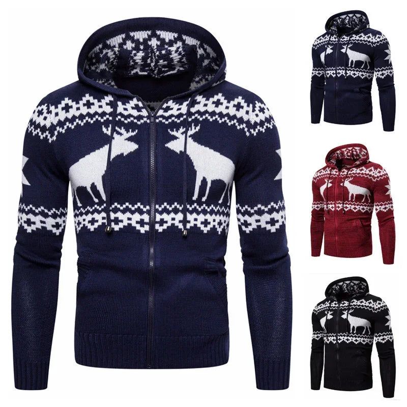 Men's knit hooded zip-up sweater with reindeer pattern in navy, red, and black, slim fit.