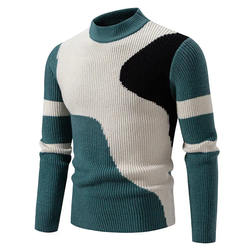 Men's ribbed knit sweater with teal, black, and cream abstract colorblock design, slim fit.