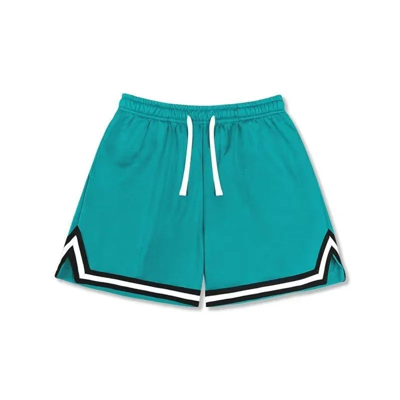 Turquoise athletic shorts with elastic waistband, white drawstring, and black chevron accents.