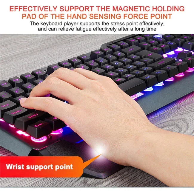 Hand on RGB mechanical keyboard with wrist rest, ergonomic design, black keys, sleek fit