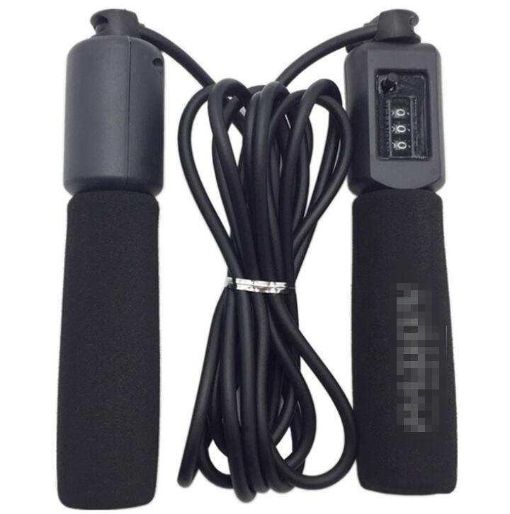 Black foam grip jump rope with digital counter and adjustable cable, fitness accessory