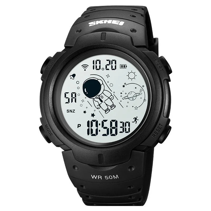Black digital watch with rubber strap and cartoon astronaut display, sporty fit.