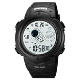 Black digital watch with rubber strap and cartoon astronaut display, sporty fit.