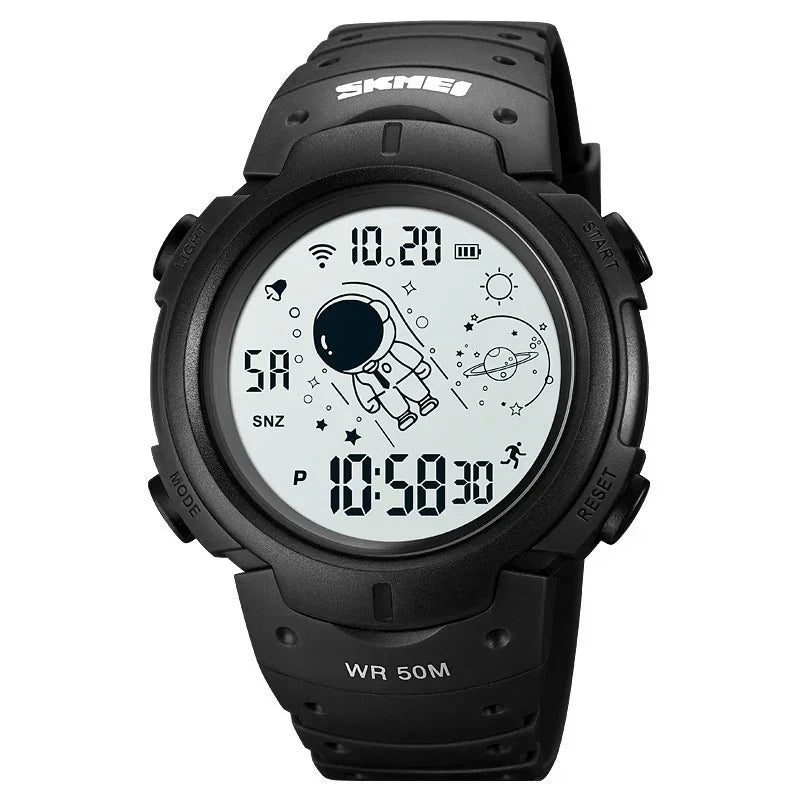 Black digital watch with rubber strap and cartoon astronaut display, sporty fit.