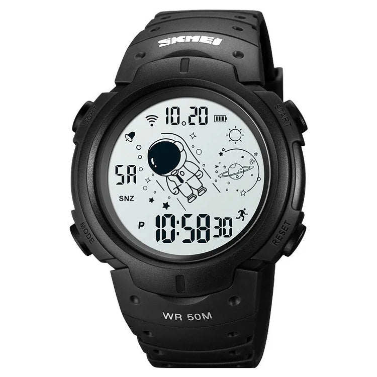 Black digital watch with rubber strap and cartoon astronaut display, sporty fit.