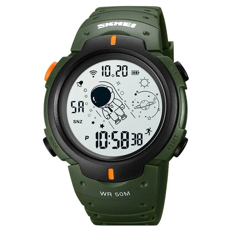 Green digital watch with black bezel, astronaut space graphic, and adjustable silicone strap