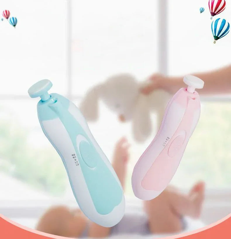 Pastel blue and pink electric nail trimmers with ergonomic plastic handles, baby background