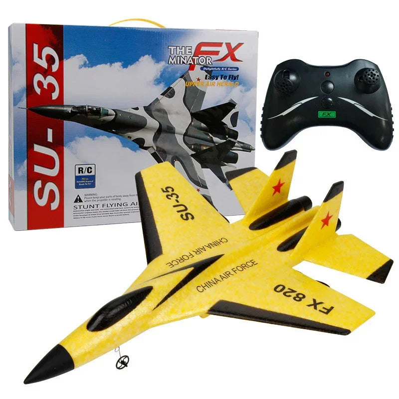 Yellow remote control SU-35 toy jet with black accents and controller, stunt flying airplane set.