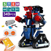 STEM building set with 349 pieces, blue and red remote control robot with tank tracks, electronic parts, and wireless controller.