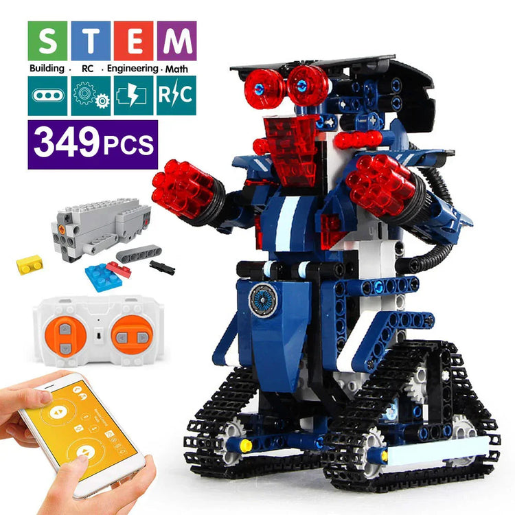 STEM building set with 349 pieces, blue and red remote control robot with tank tracks, electronic parts, and wireless controller.